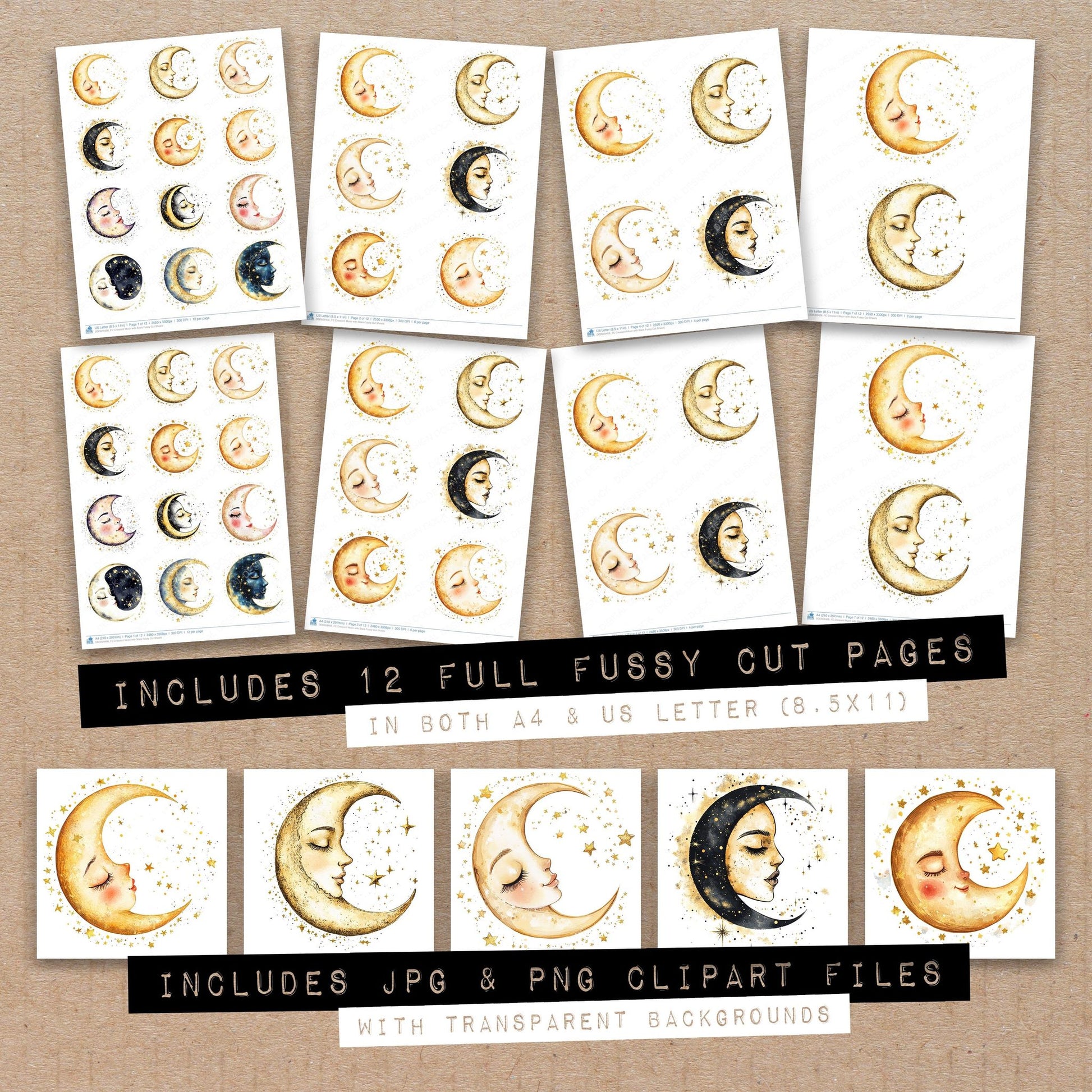 Full collection view of Crescent Moon with Stars fussy cut sheets with bonus clipart JPG and PNG files
