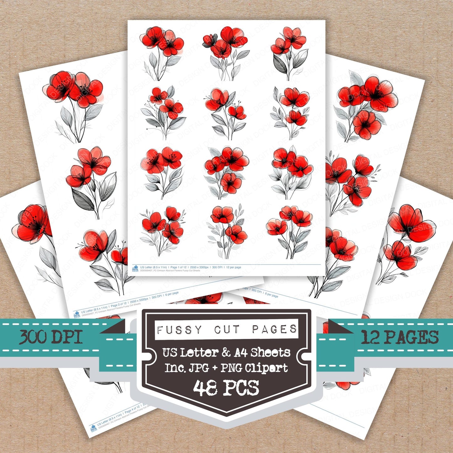 Crimson Abstract Flowers fussy cut printable sheets for junk journaling, scrapbooking, and paper craft projects