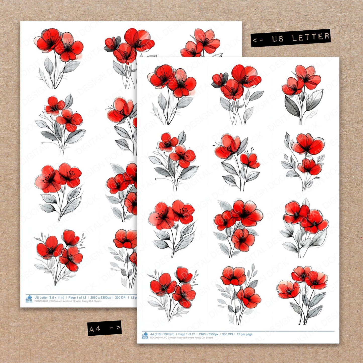 A4 and US Letter format comparison showing Crimson Abstract Flowers fussy cut pages for print and cut crafting