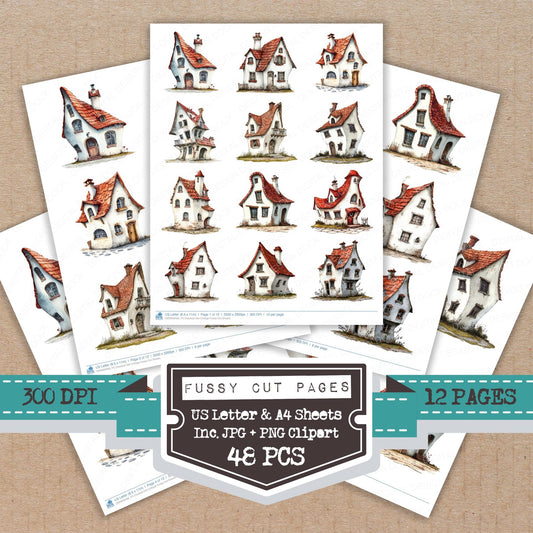Crooked Old Cottage fussy cut printable sheets for junk journaling, scrapbooking, and paper craft projects