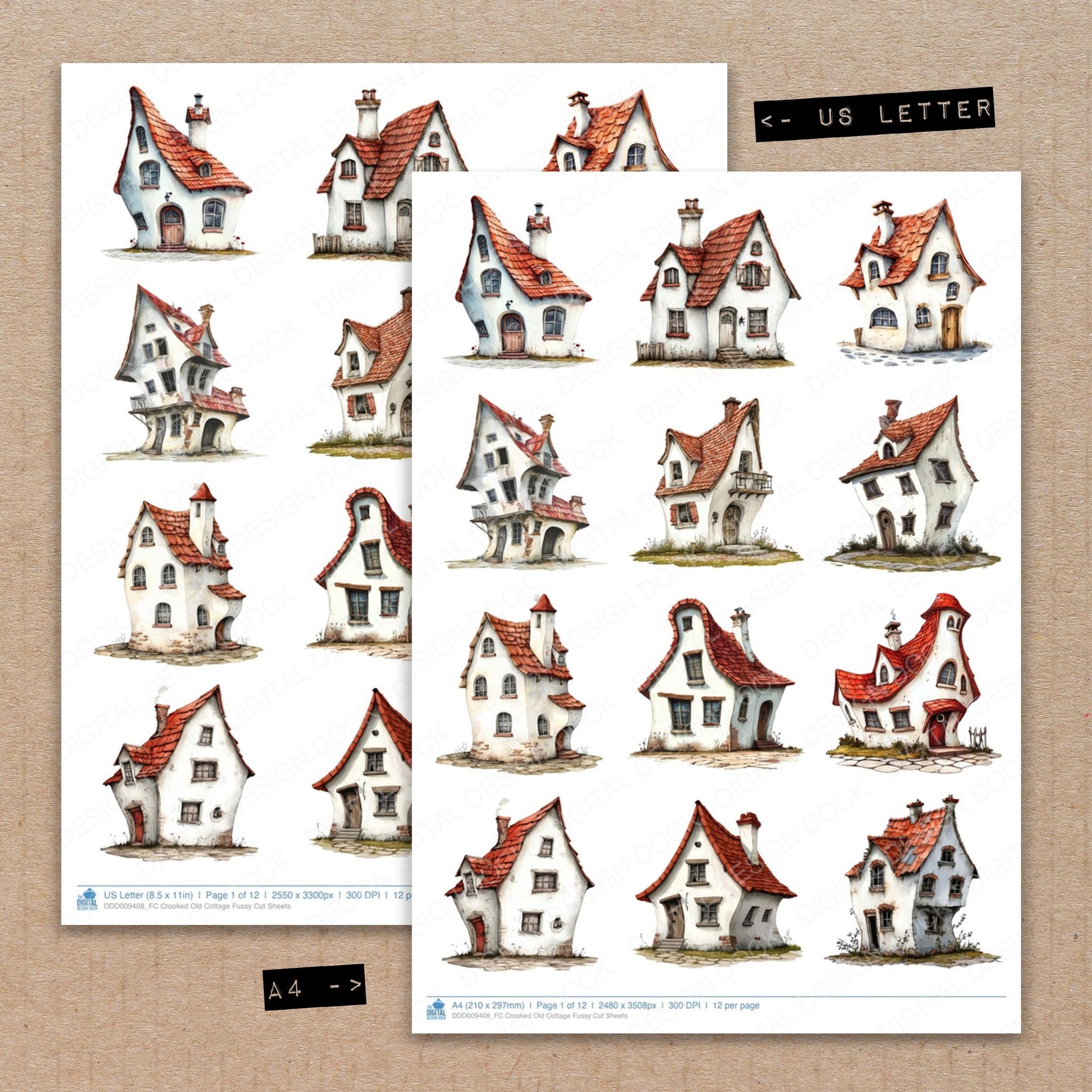 A4 and US Letter format comparison showing Crooked Old Cottage fussy cut pages for print and cut crafting