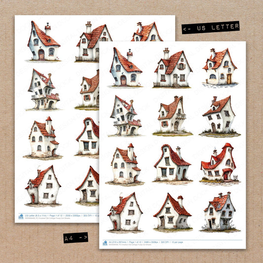 A4 and US Letter format comparison showing Crooked Old Cottage fussy cut pages for print and cut crafting