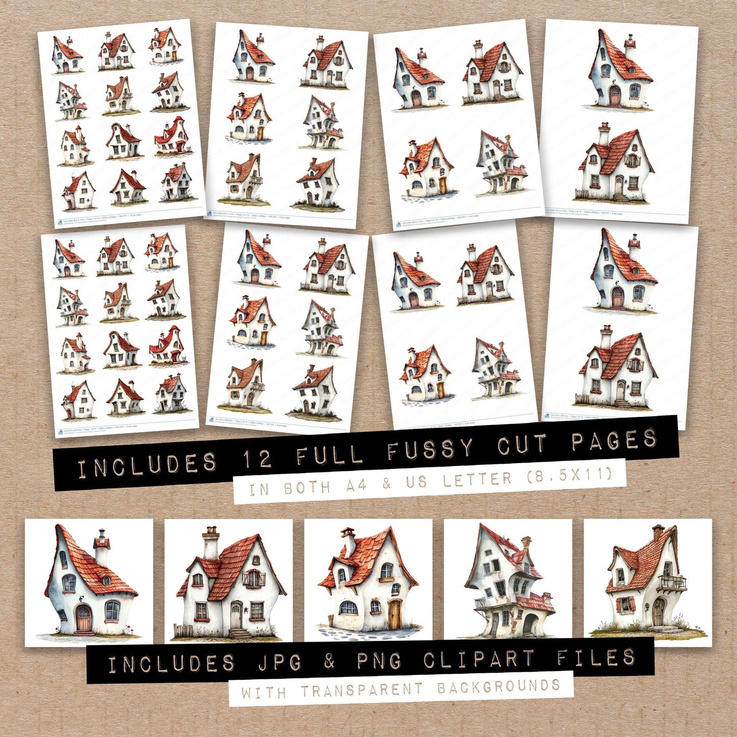 Full collection view of Crooked Old Cottage fussy cut sheets with bonus clipart JPG and PNG files