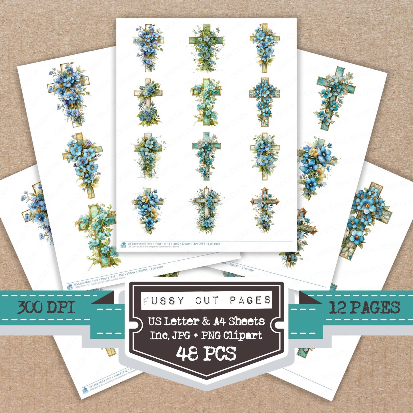 Cross Forget Me Nots fussy cut printable sheets for junk journaling, scrapbooking, and paper craft projects
