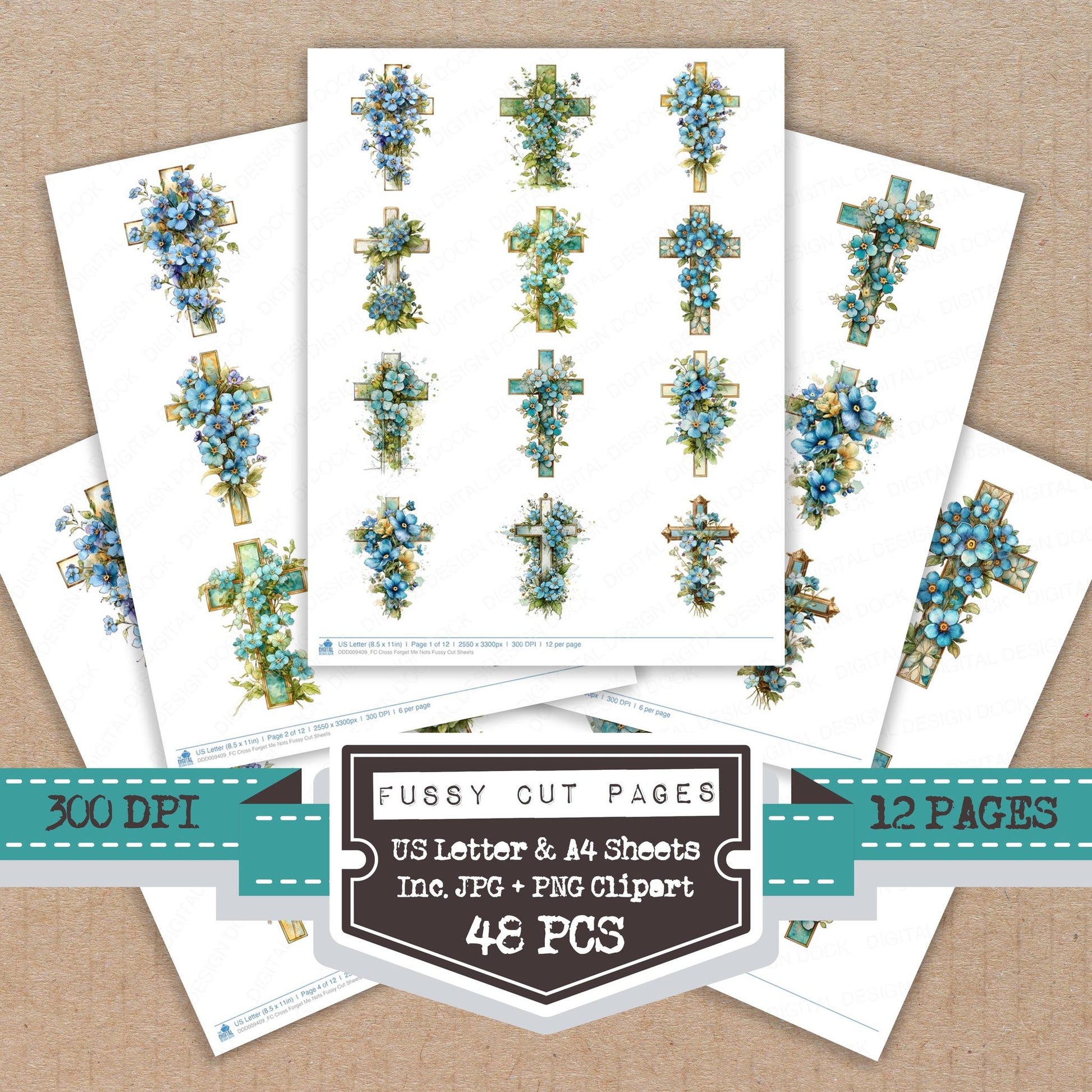 Cross Forget Me Nots fussy cut printable sheets for junk journaling, scrapbooking, and paper craft projects