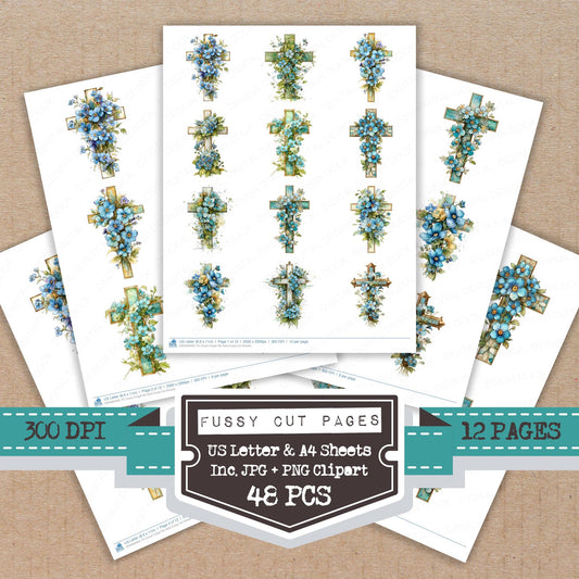 Cross Forget Me Nots fussy cut printable sheets for junk journaling, scrapbooking, and paper craft projects