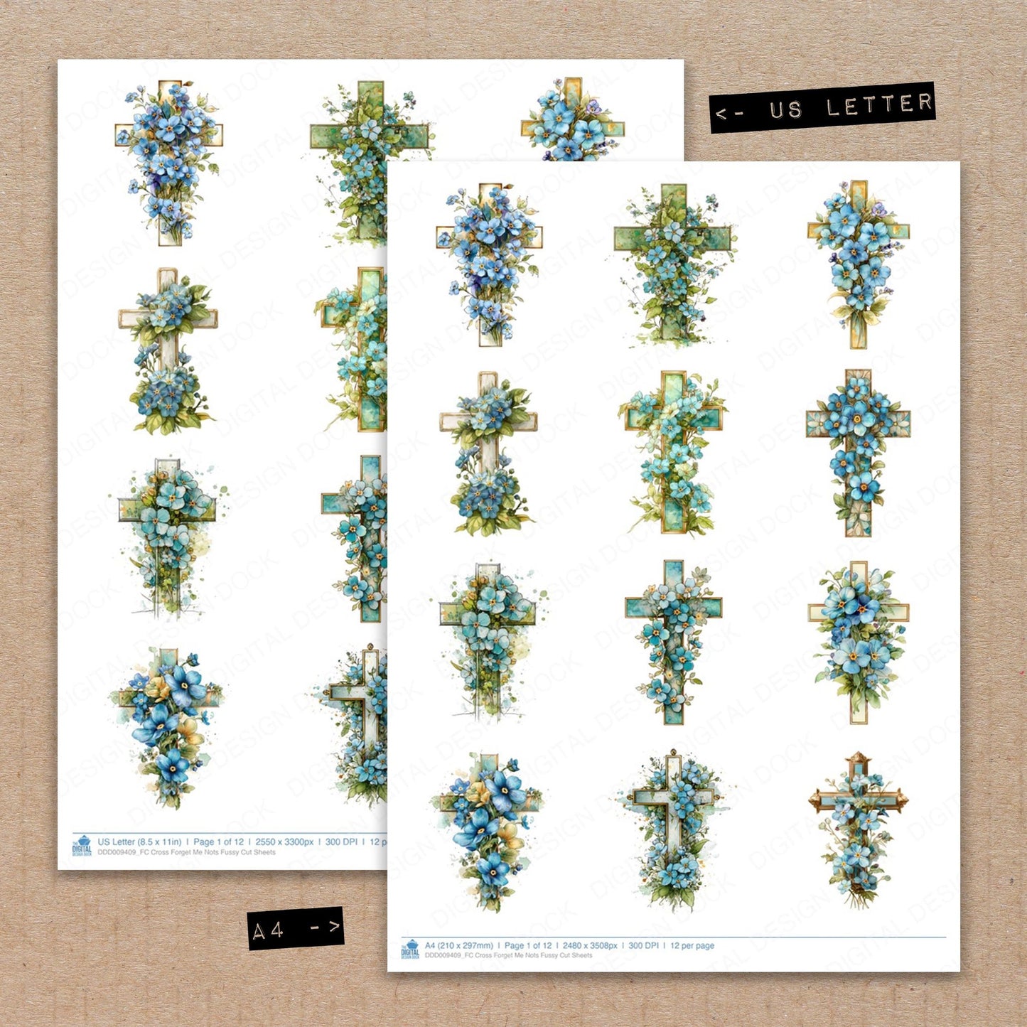 A4 and US Letter format comparison showing Cross Forget Me Nots fussy cut pages for print and cut crafting
