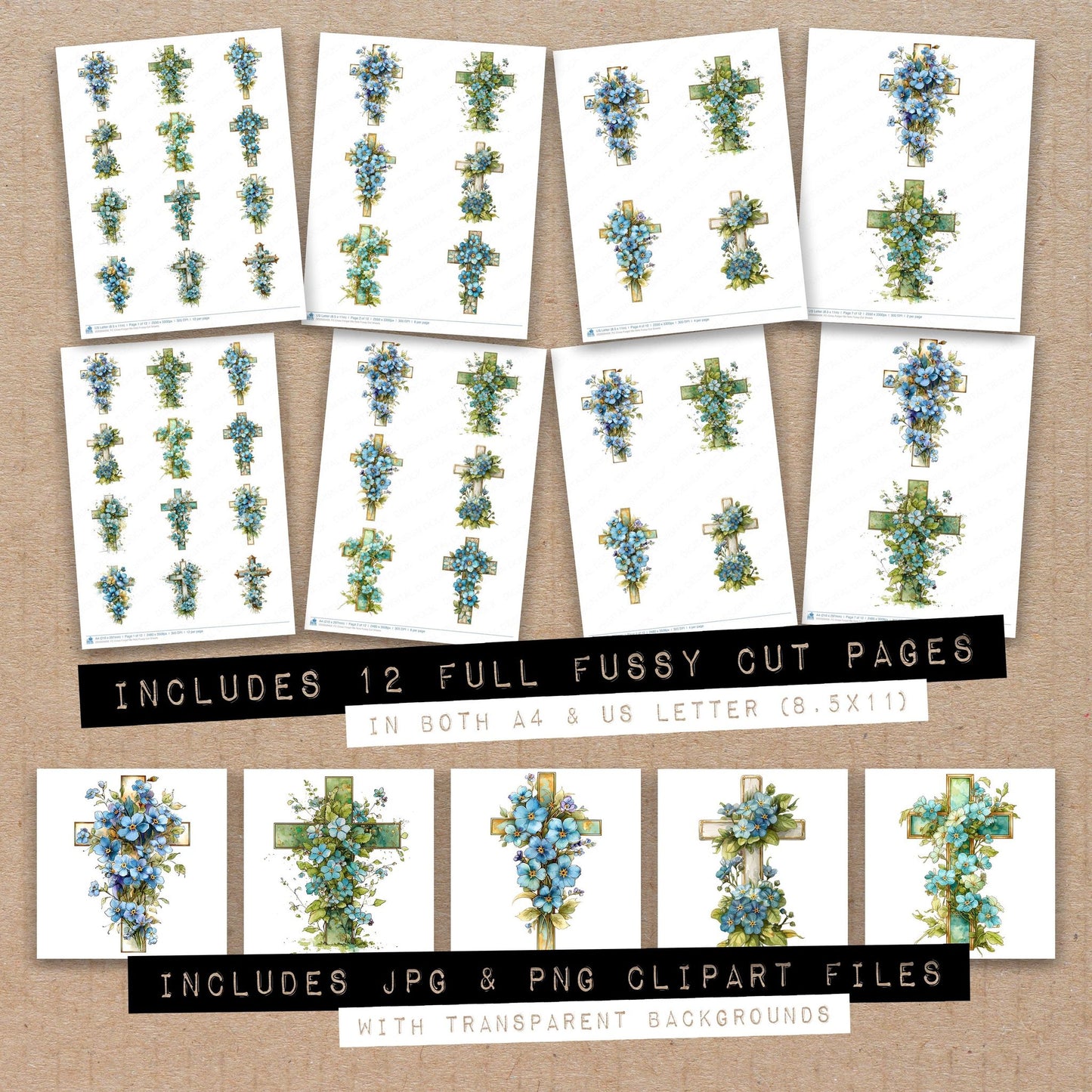 Full collection view of Cross Forget Me Nots fussy cut sheets with bonus clipart JPG and PNG files