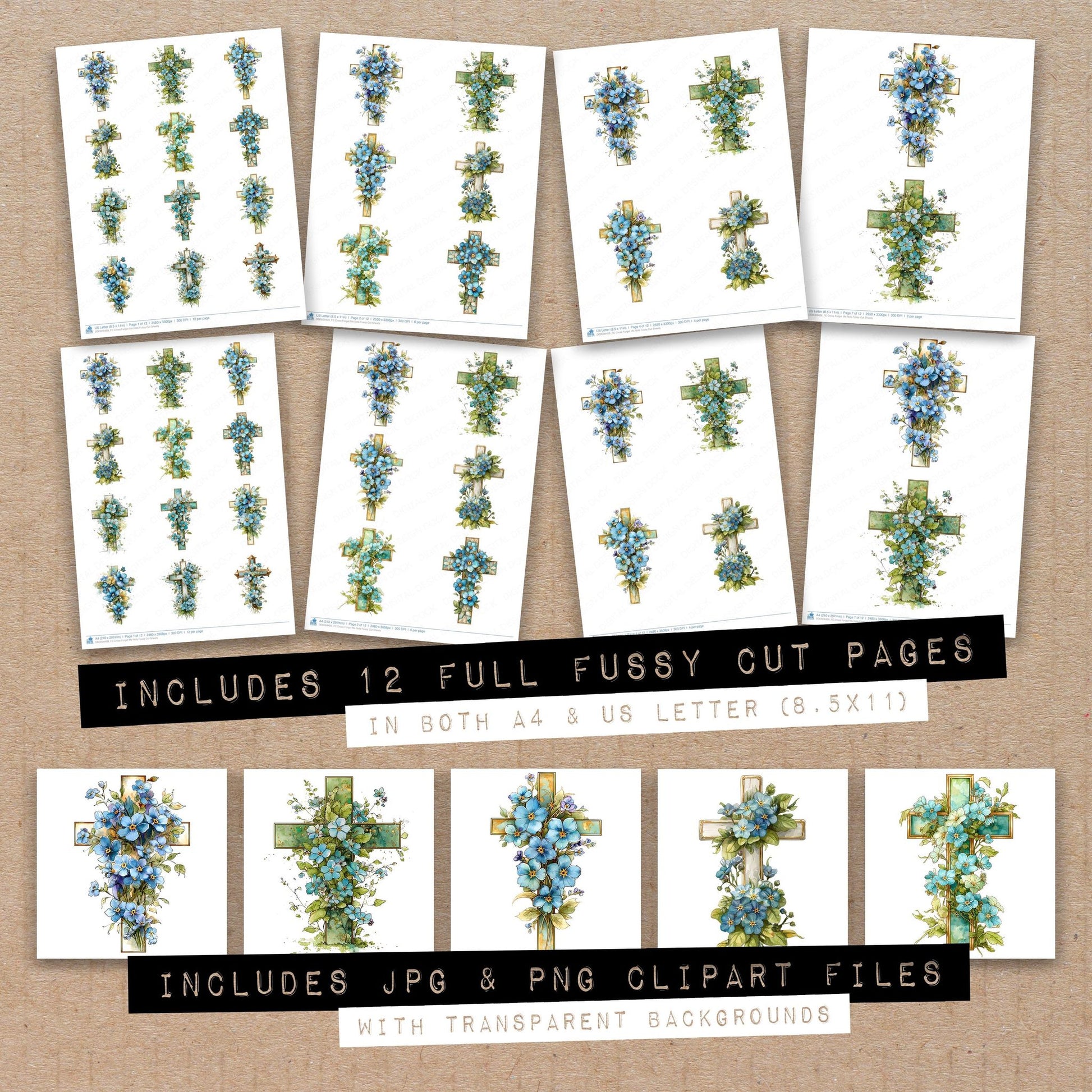 Full collection view of Cross Forget Me Nots fussy cut sheets with bonus clipart JPG and PNG files