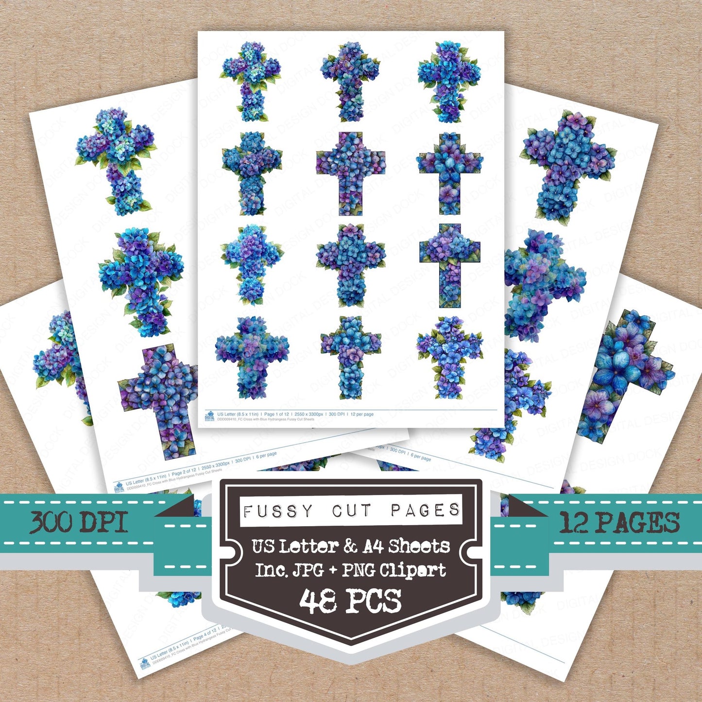 Cross with Blue Hydrangeas fussy cut printable sheets for junk journaling, scrapbooking, and paper craft projects
