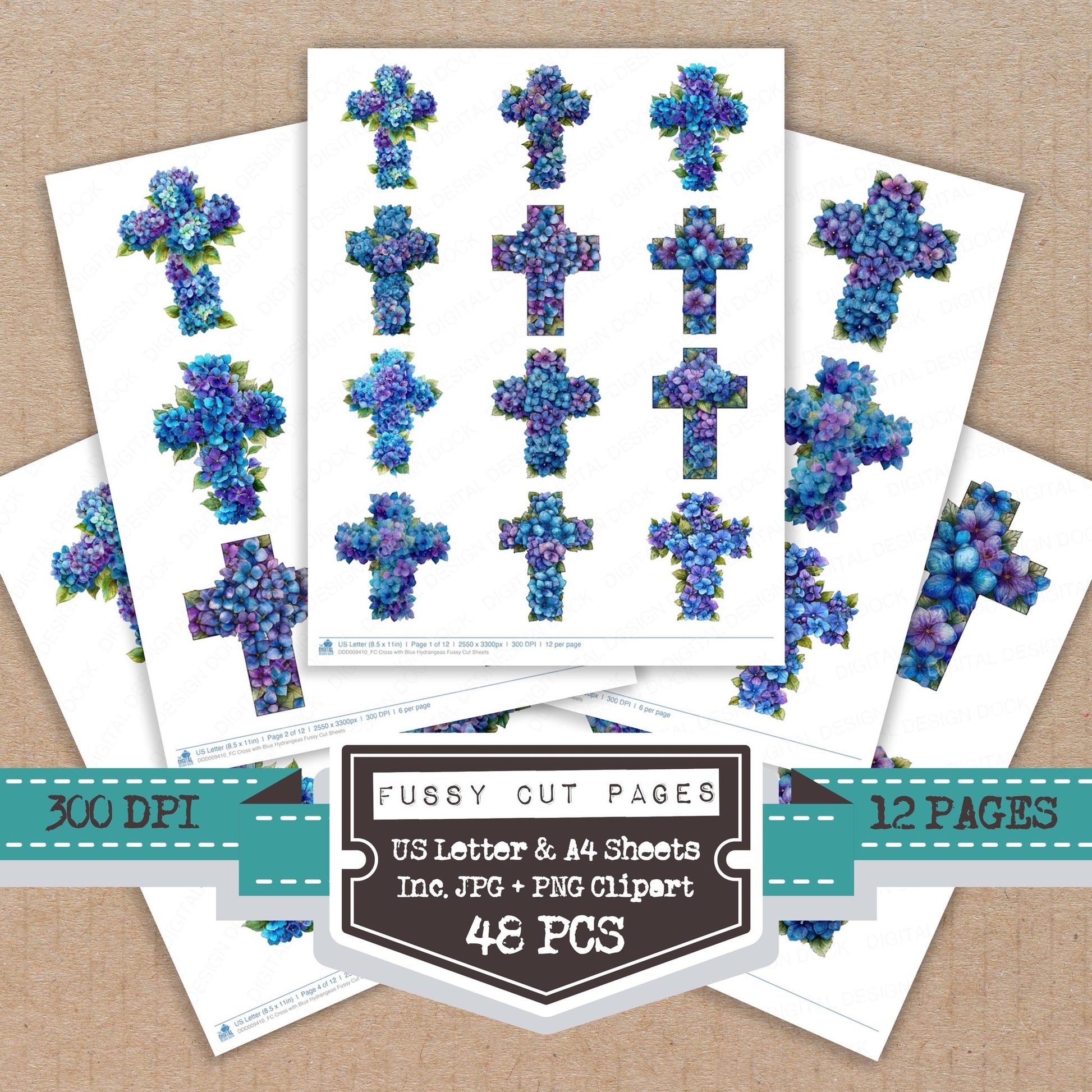 Cross with Blue Hydrangeas fussy cut printable sheets for junk journaling, scrapbooking, and paper craft projects