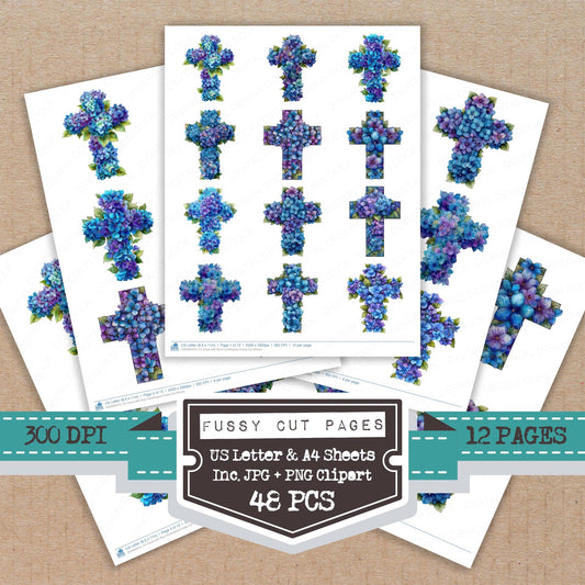 Cross with Blue Hydrangeas fussy cut printable sheets for junk journaling, scrapbooking, and paper craft projects