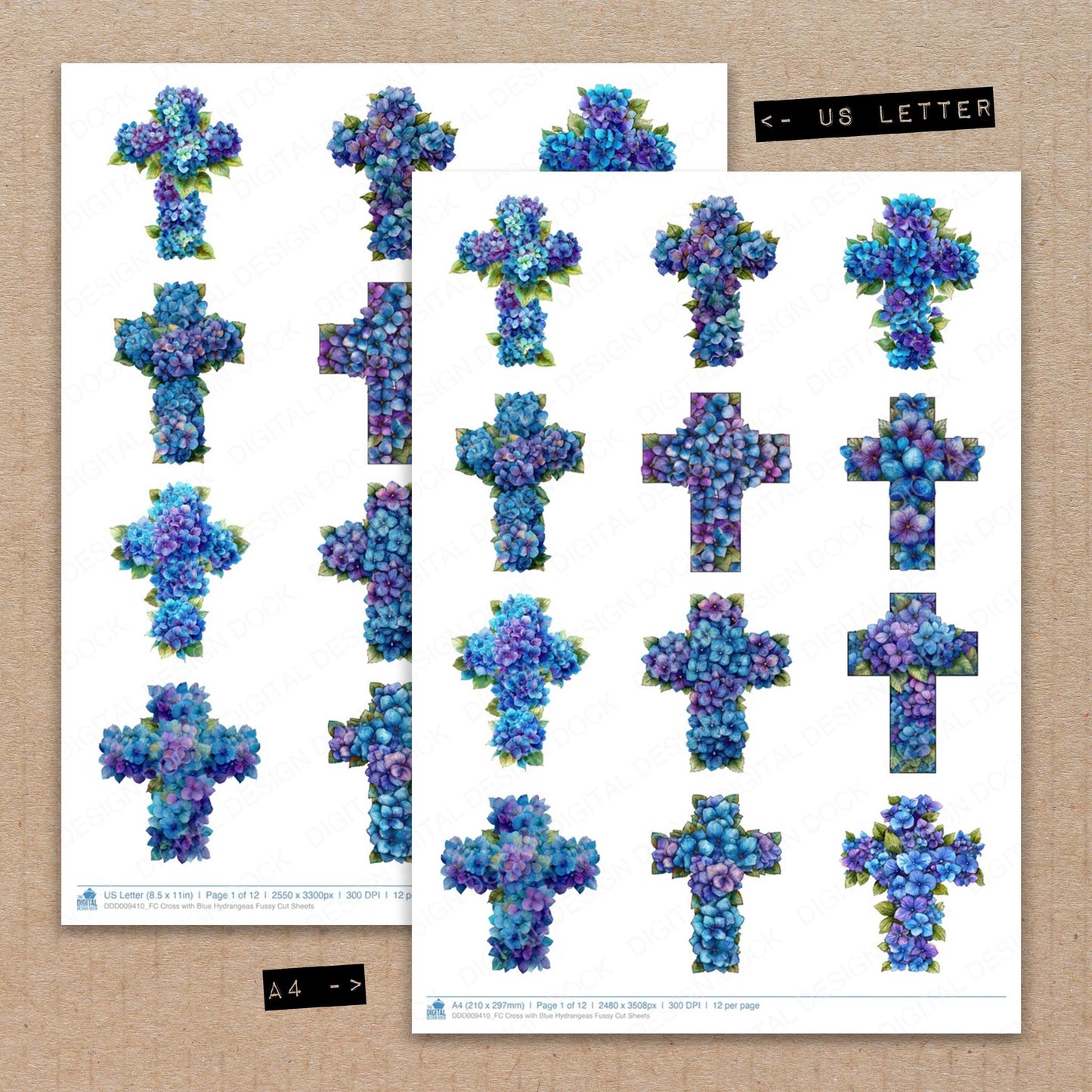 A4 and US Letter format comparison showing Cross with Blue Hydrangeas fussy cut pages for print and cut crafting