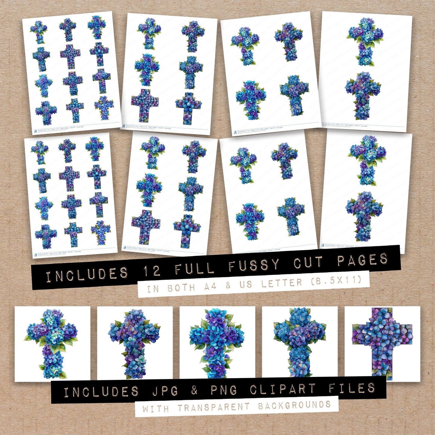 Full collection view of Cross with Blue Hydrangeas fussy cut sheets with bonus clipart JPG and PNG files