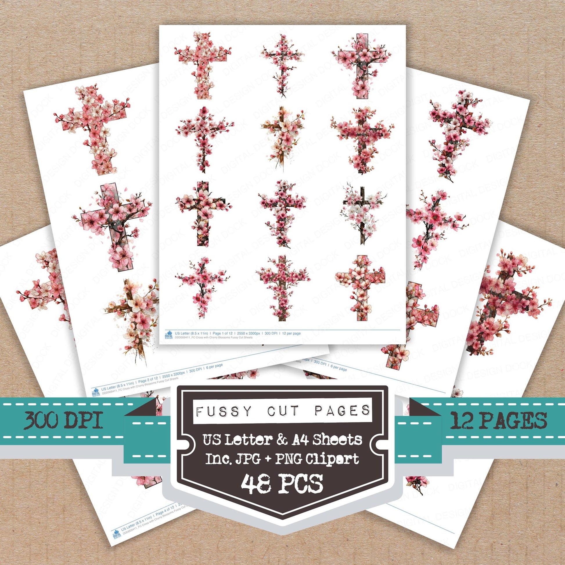 Cross with Cherry Blossoms fussy cut printable sheets for junk journaling, scrapbooking, and paper craft projects