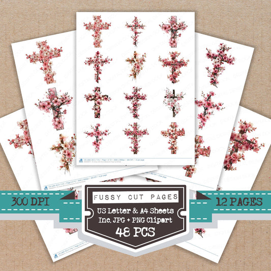 Cross with Cherry Blossoms fussy cut printable sheets for junk journaling, scrapbooking, and paper craft projects