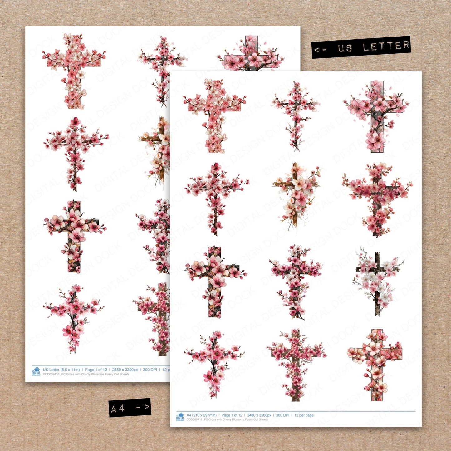A4 and US Letter format comparison showing Cross with Cherry Blossoms fussy cut pages for print and cut crafting