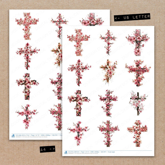 A4 and US Letter format comparison showing Cross with Cherry Blossoms fussy cut pages for print and cut crafting