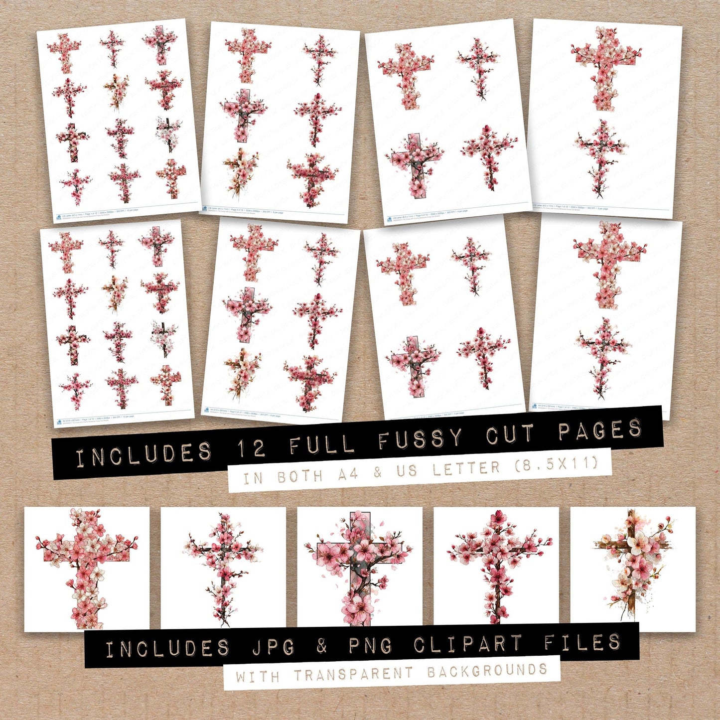 Full collection view of Cross with Cherry Blossoms fussy cut sheets with bonus clipart JPG and PNG files