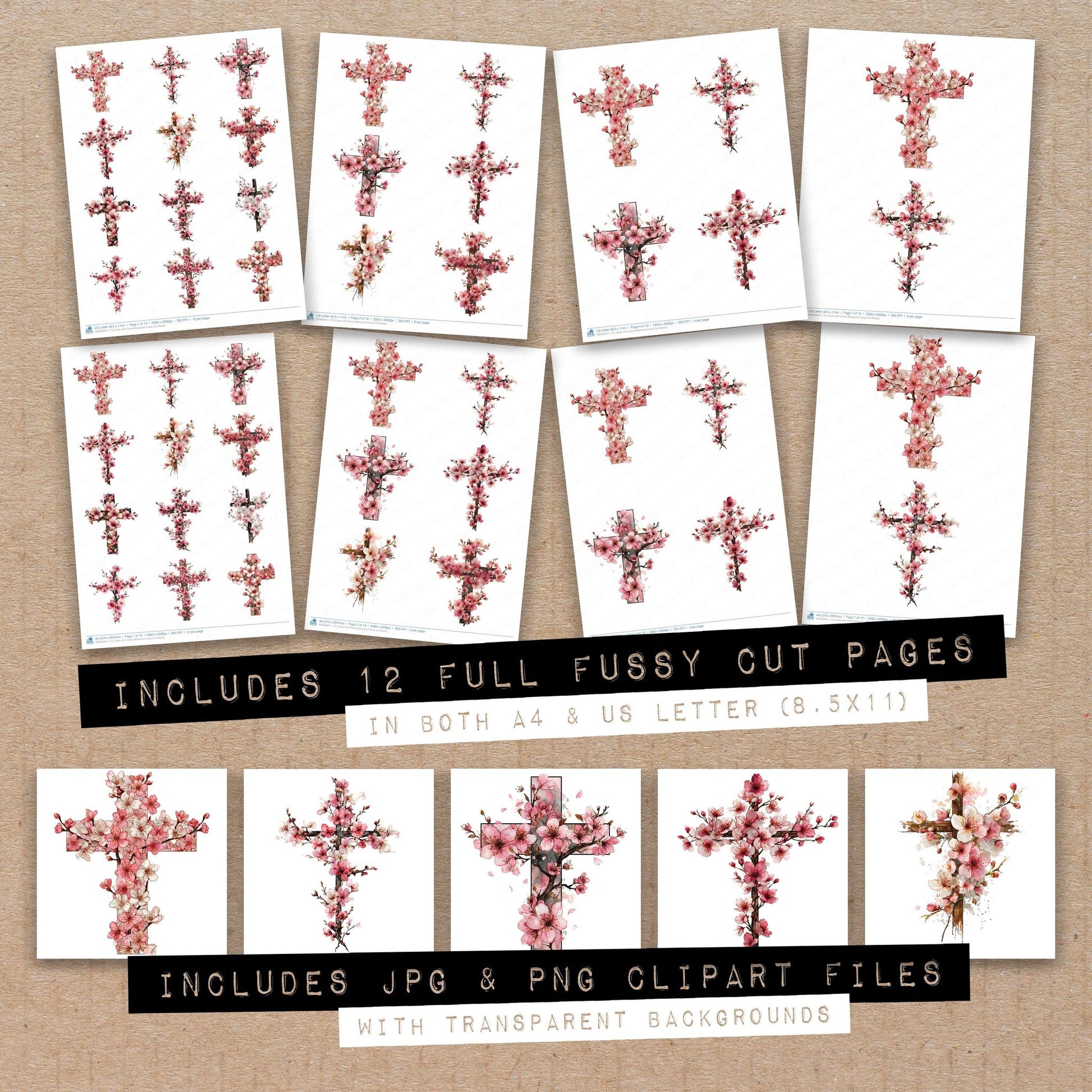 Full collection view of Cross with Cherry Blossoms fussy cut sheets with bonus clipart JPG and PNG files