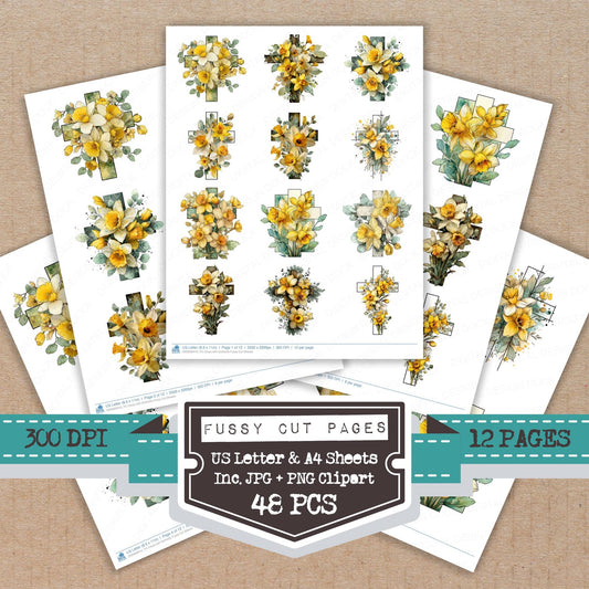 Cross with Daffodils fussy cut printable sheets for junk journaling, scrapbooking, and paper craft projects