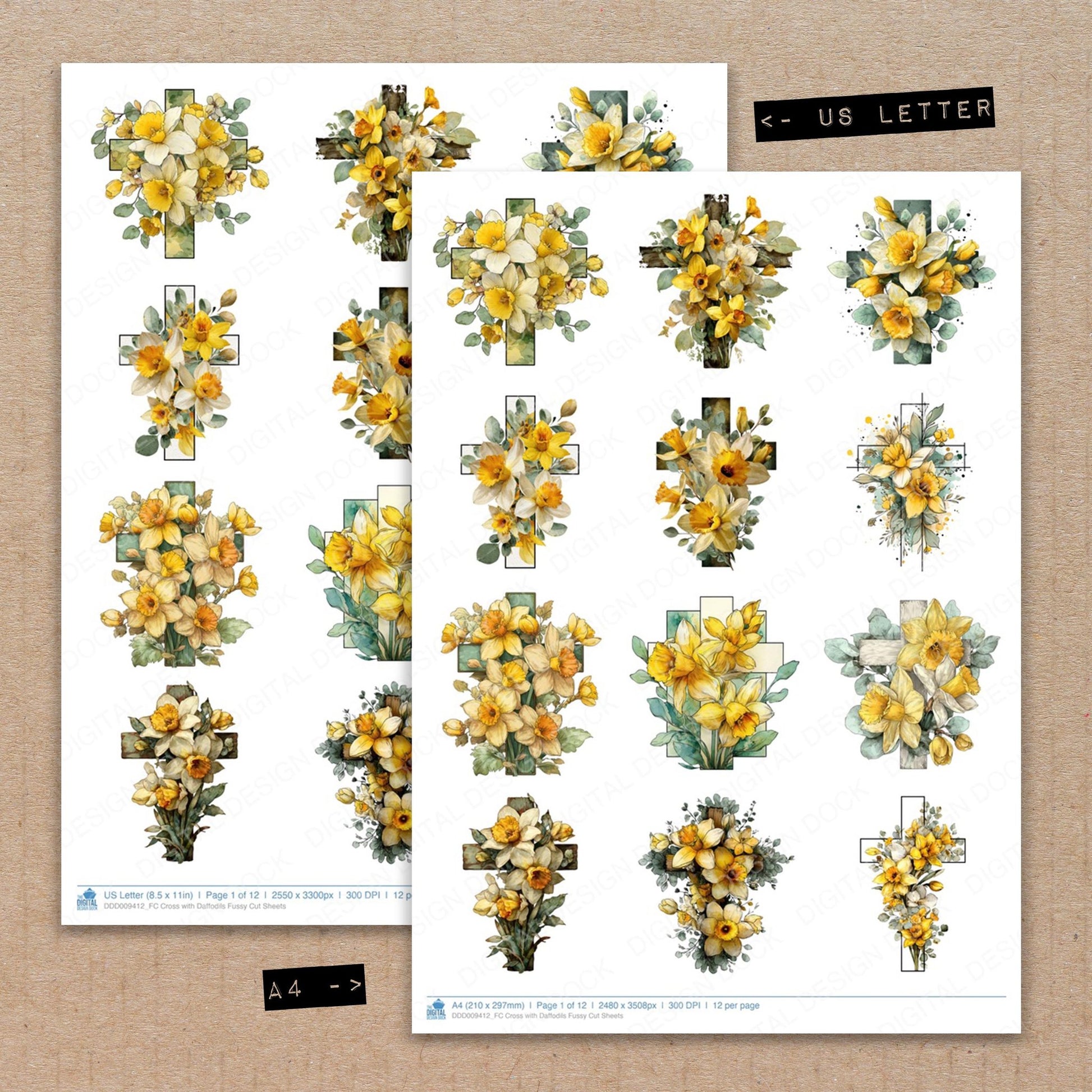 A4 and US Letter format comparison showing Cross with Daffodils fussy cut pages for print and cut crafting