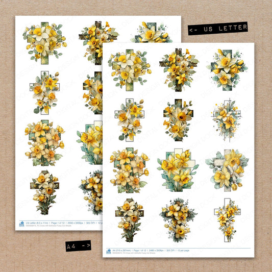 A4 and US Letter format comparison showing Cross with Daffodils fussy cut pages for print and cut crafting