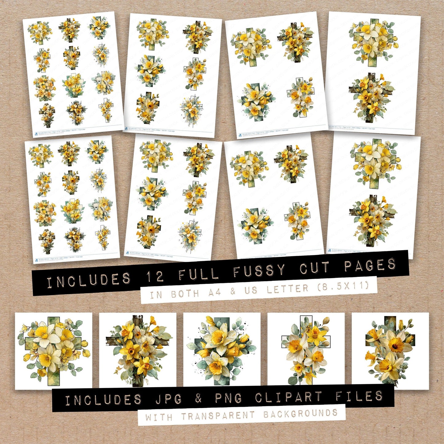 Full collection view of Cross with Daffodils fussy cut sheets with bonus clipart JPG and PNG files