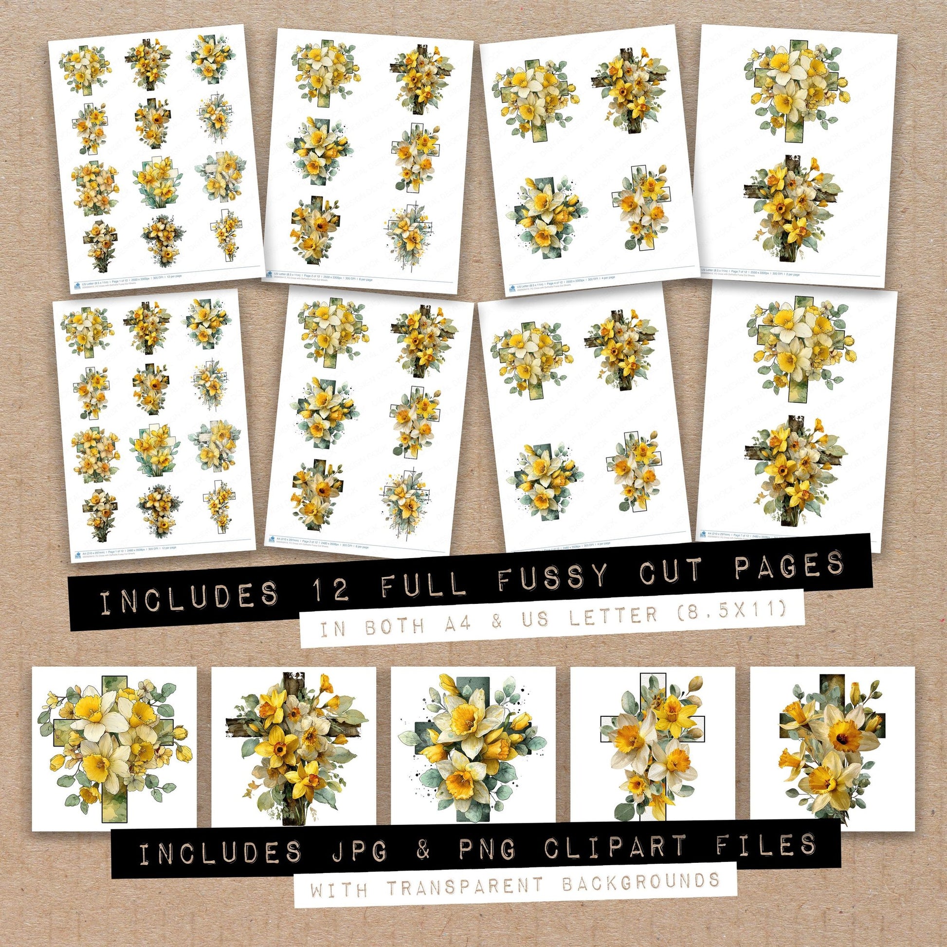 Full collection view of Cross with Daffodils fussy cut sheets with bonus clipart JPG and PNG files