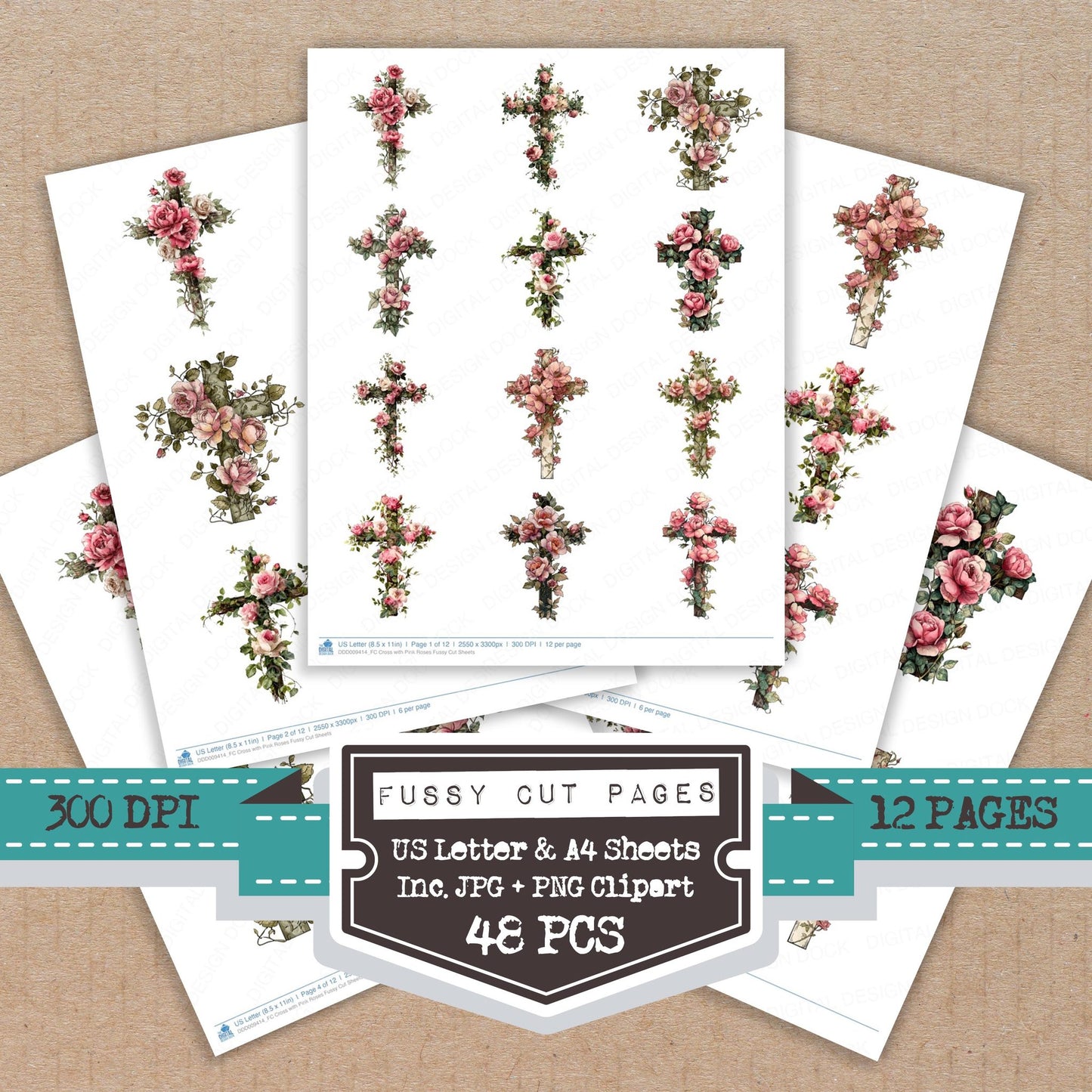 Cross with Pink Roses fussy cut printable sheets for junk journaling, scrapbooking, and paper craft projects