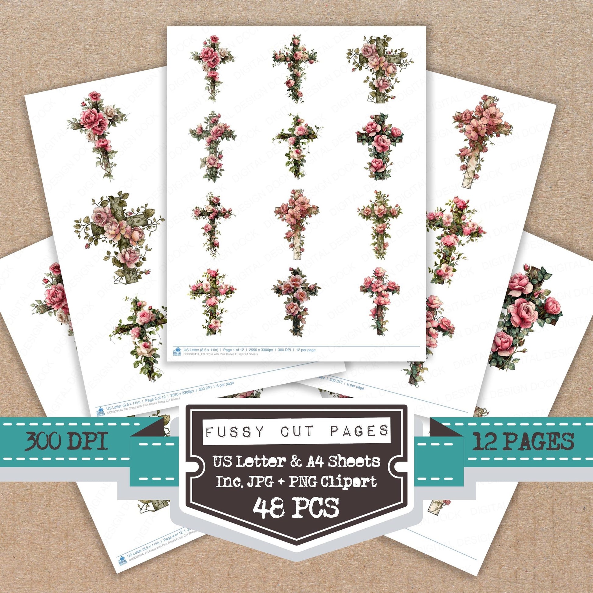 Cross with Pink Roses fussy cut printable sheets for junk journaling, scrapbooking, and paper craft projects