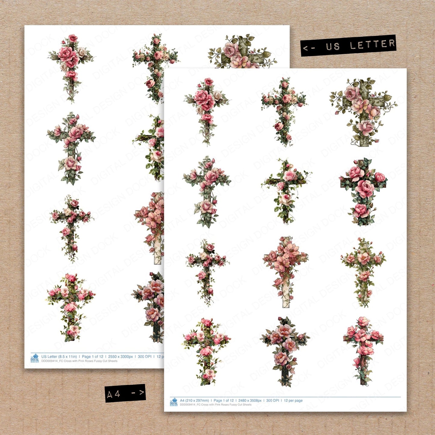 A4 and US Letter format comparison showing Cross with Pink Roses fussy cut pages for print and cut crafting