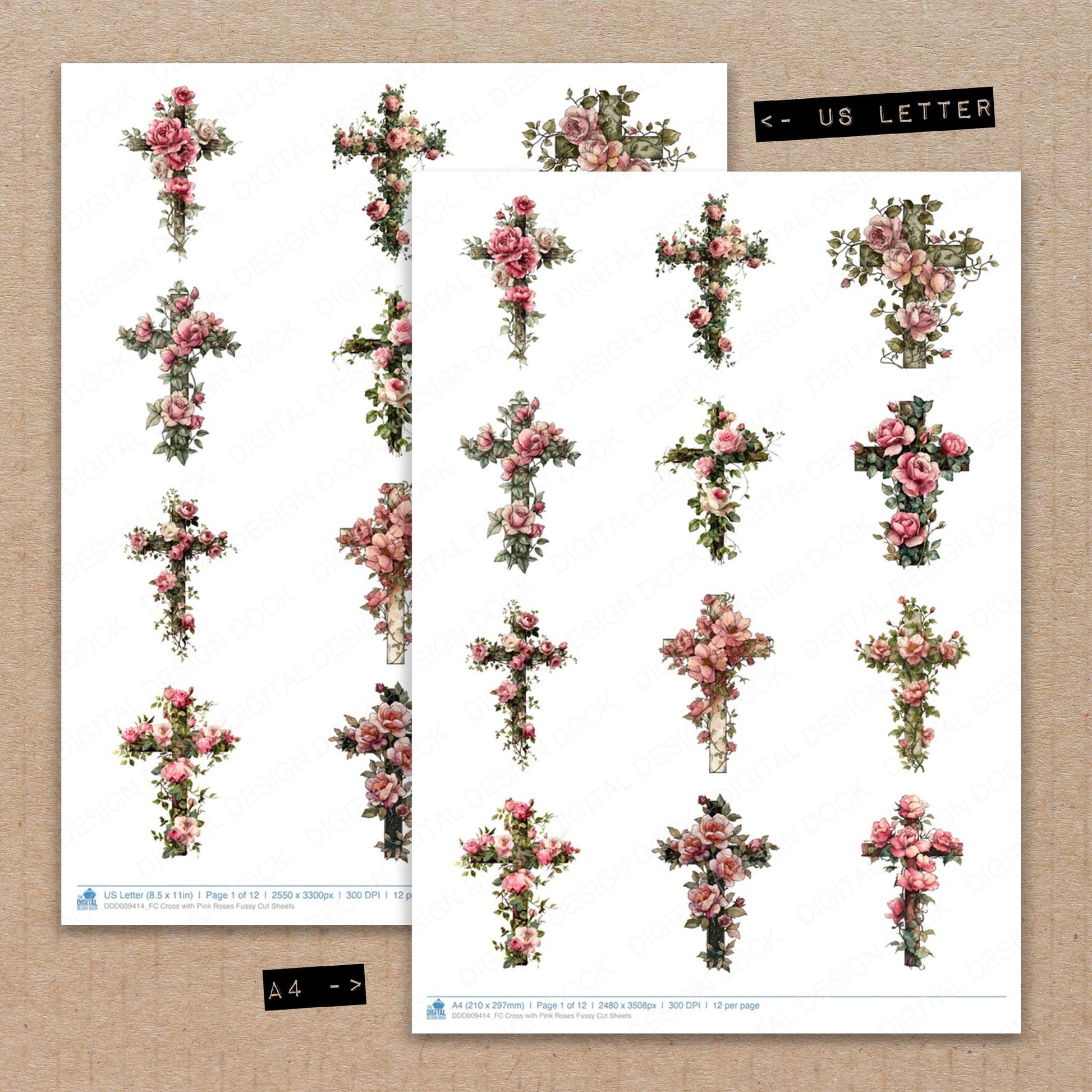 A4 and US Letter format comparison showing Cross with Pink Roses fussy cut pages for print and cut crafting