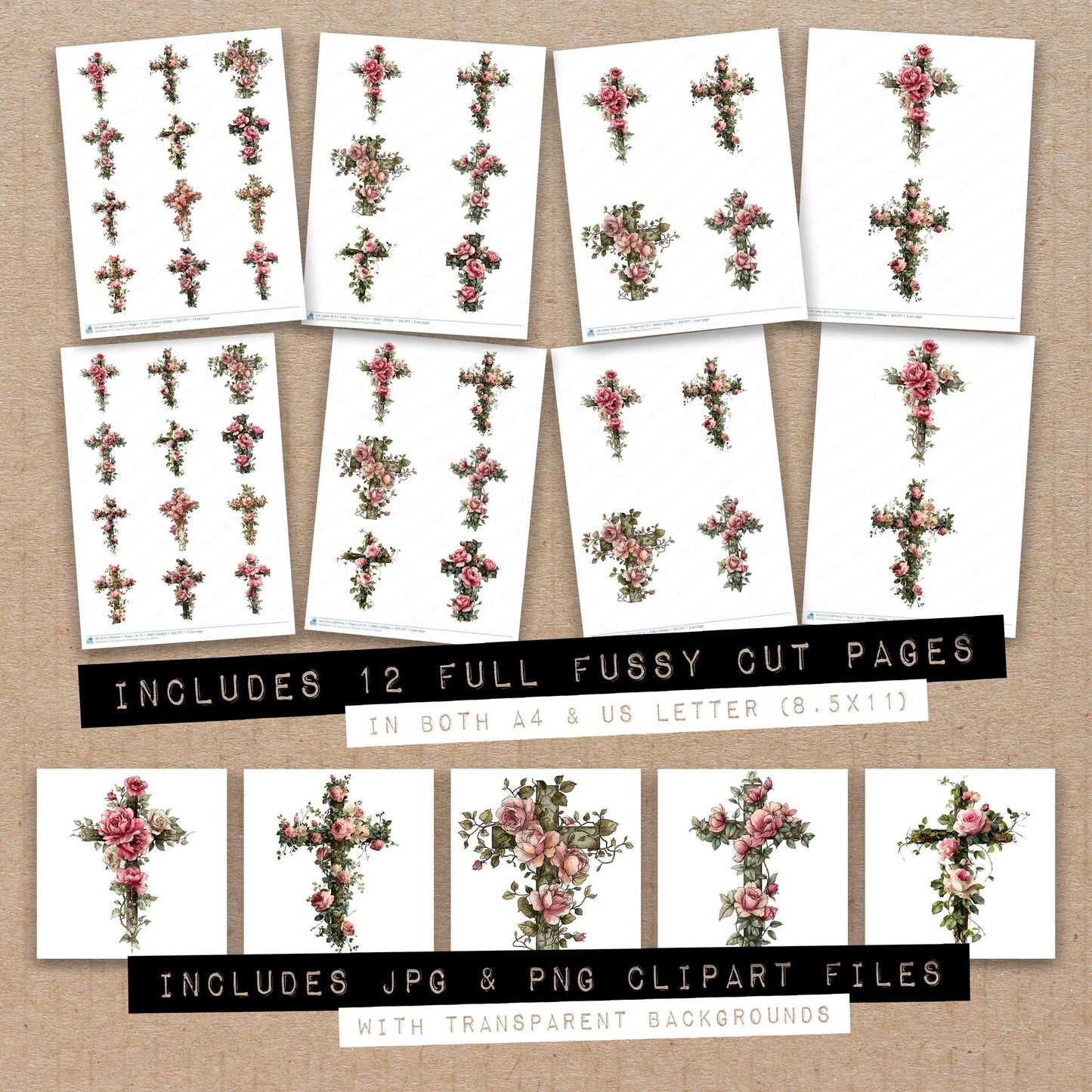 Full collection view of Cross with Pink Roses fussy cut sheets with bonus clipart JPG and PNG files