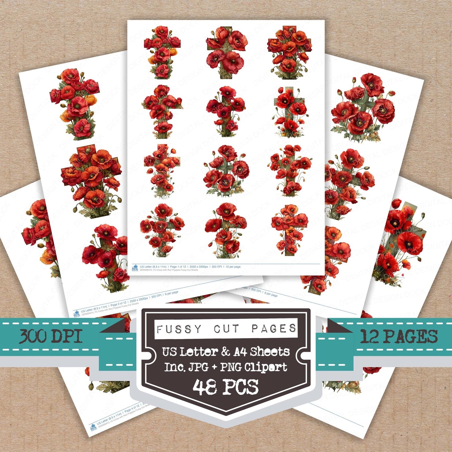 Cross with Red Poppies Fussy Cut Sheets (DDD009415)