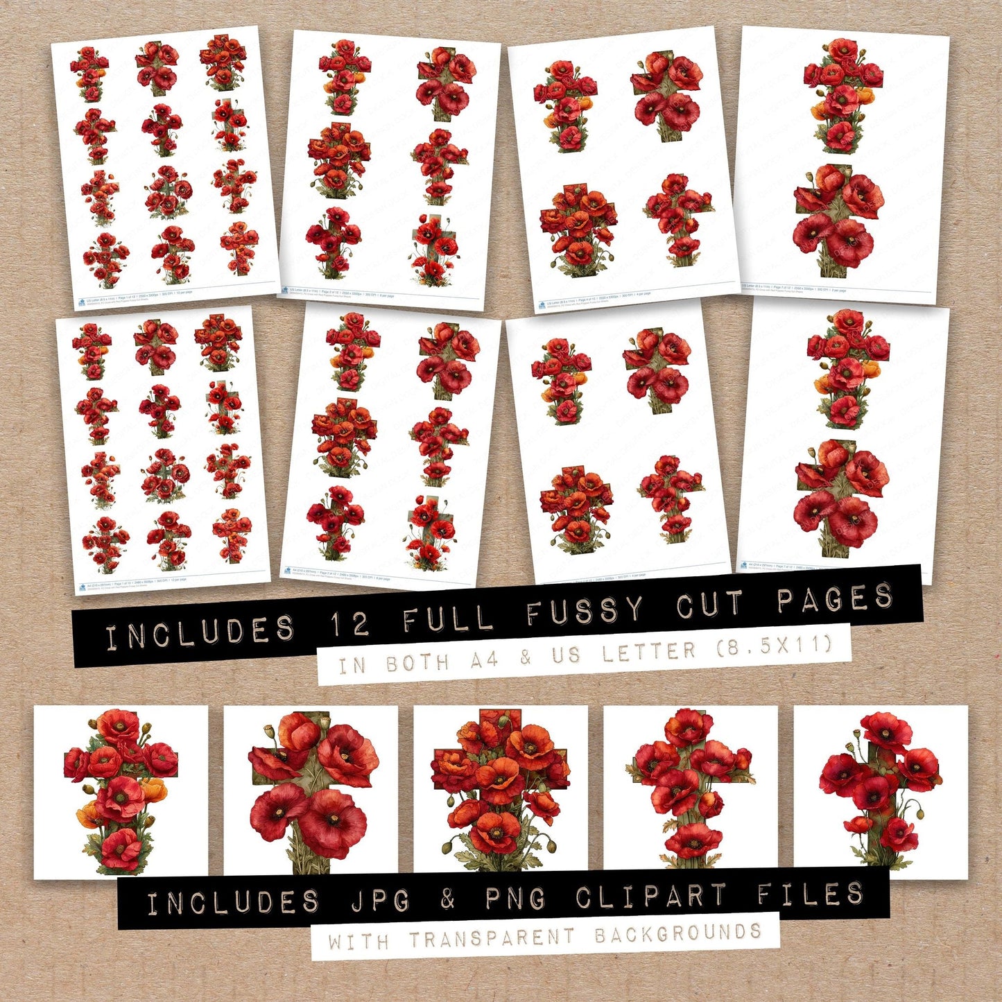 Cross with Red Poppies Fussy Cut Sheets (DDD009415)