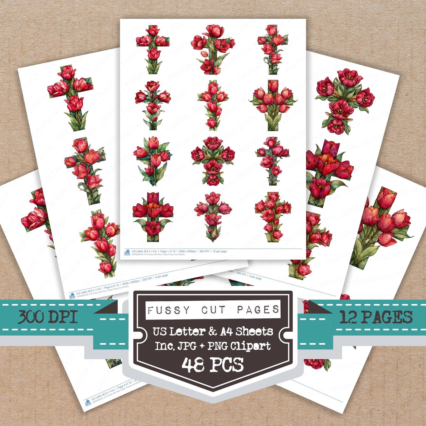 Cross with Red Tulips fussy cut printable sheets for junk journaling, scrapbooking, and paper craft projects