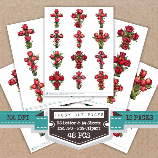 Cross with Red Tulips fussy cut printable sheets for junk journaling, scrapbooking, and paper craft projects