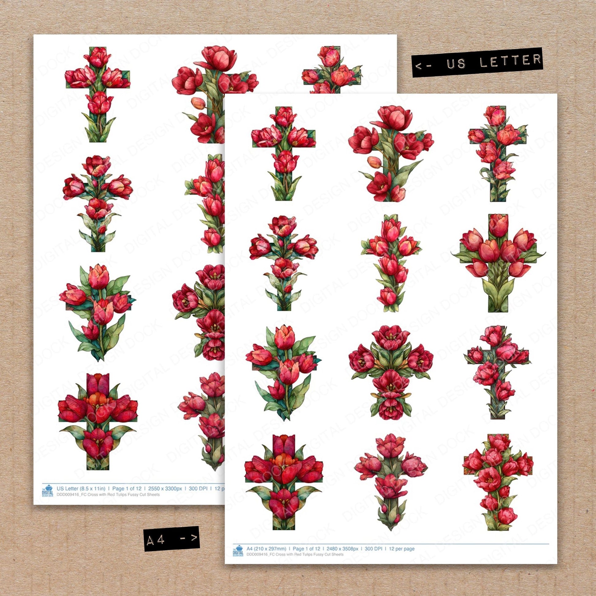 A4 and US Letter format comparison showing Cross with Red Tulips fussy cut pages for print and cut crafting