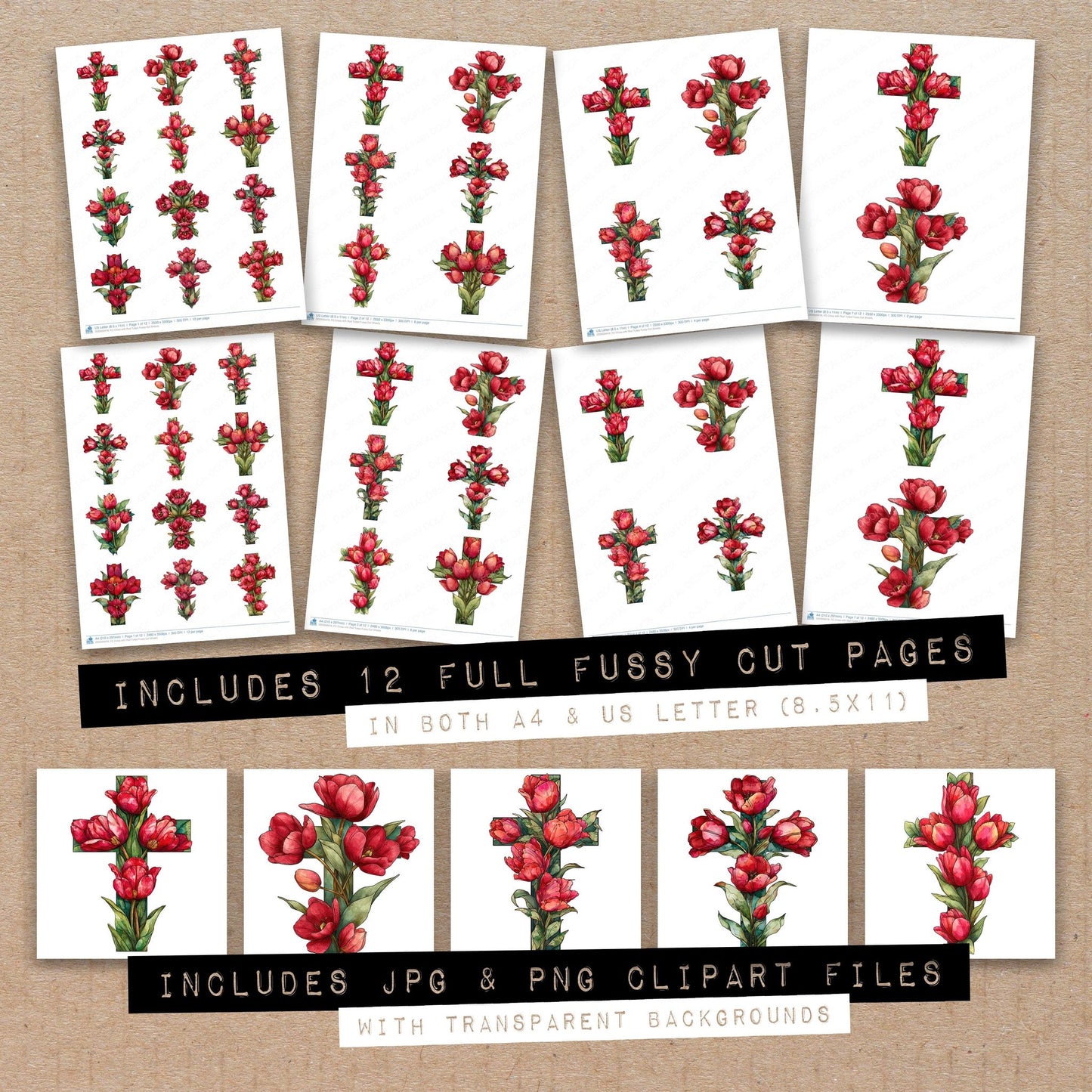 Full collection view of Cross with Red Tulips fussy cut sheets with bonus clipart JPG and PNG files