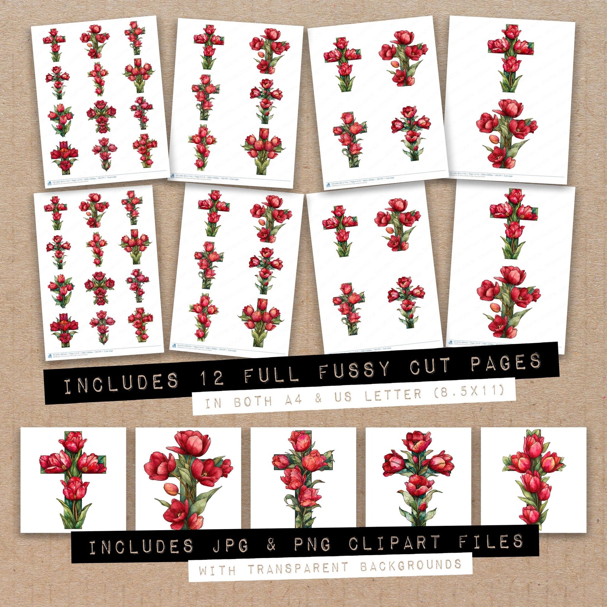 Full collection view of Cross with Red Tulips fussy cut sheets with bonus clipart JPG and PNG files