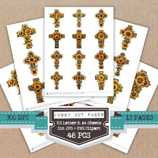Cross with Sunflowers Fussy Cut Sheets (DDD009417)