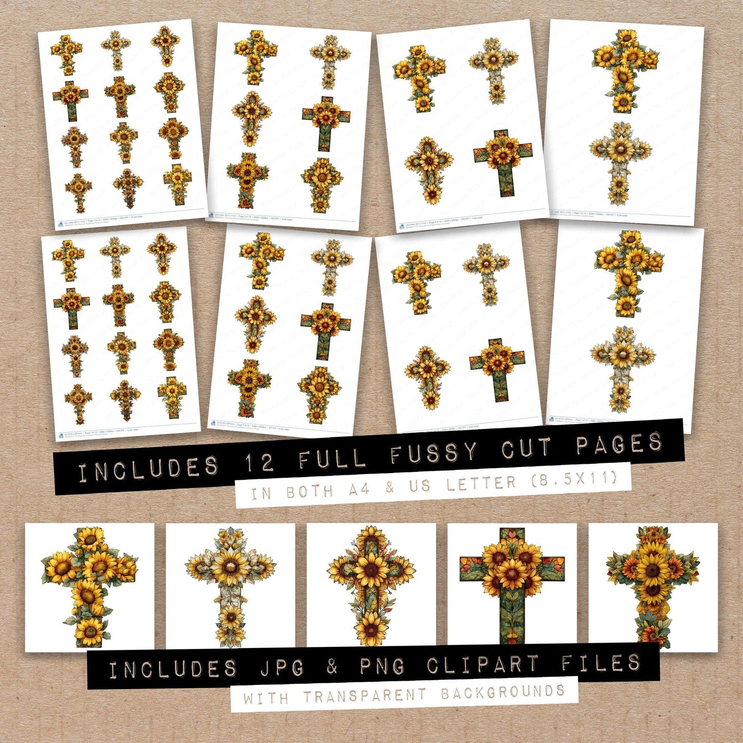 Cross with Sunflowers Fussy Cut Sheets (DDD009417)