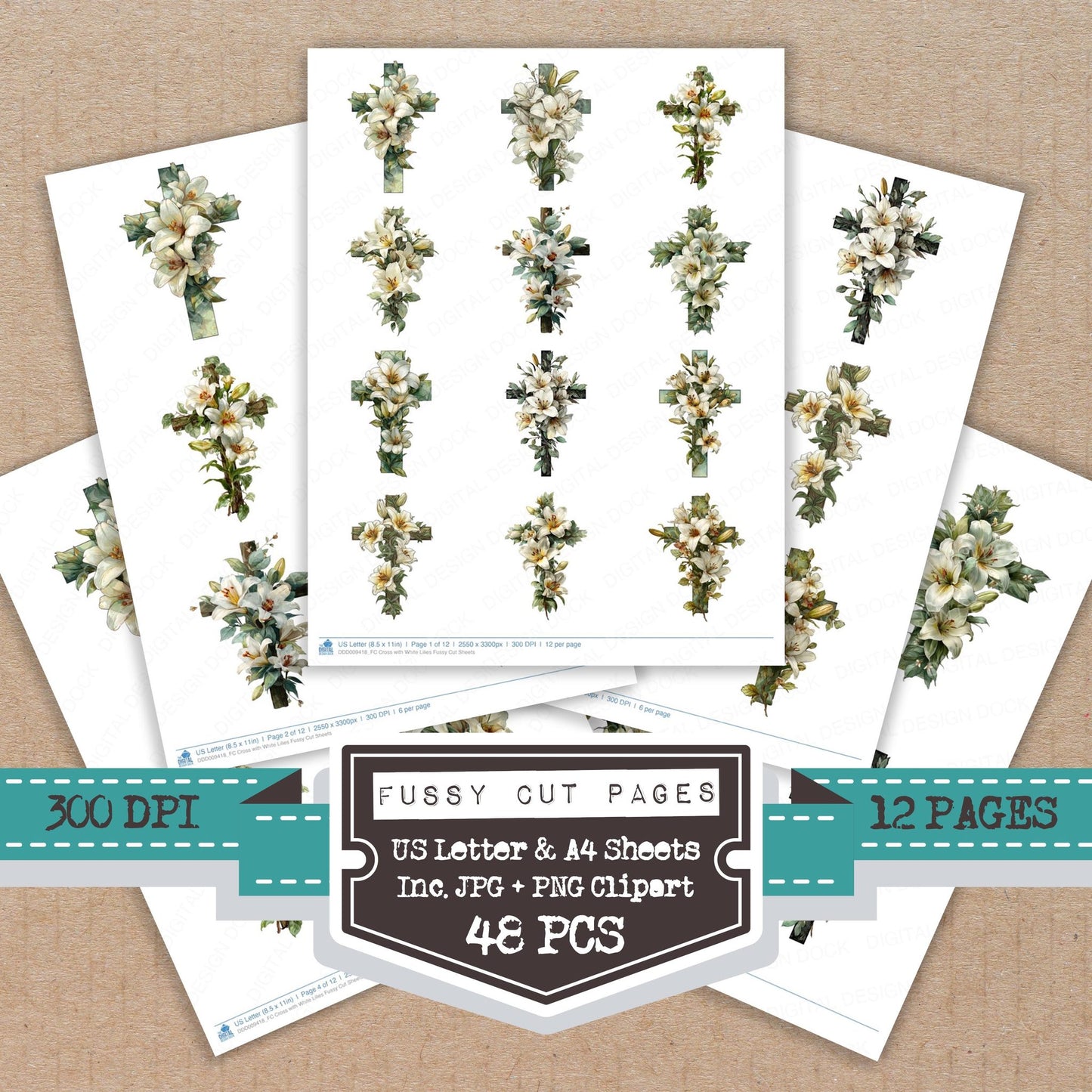 Cross with White Lilies fussy cut printable sheets for junk journaling, scrapbooking, and paper craft projects