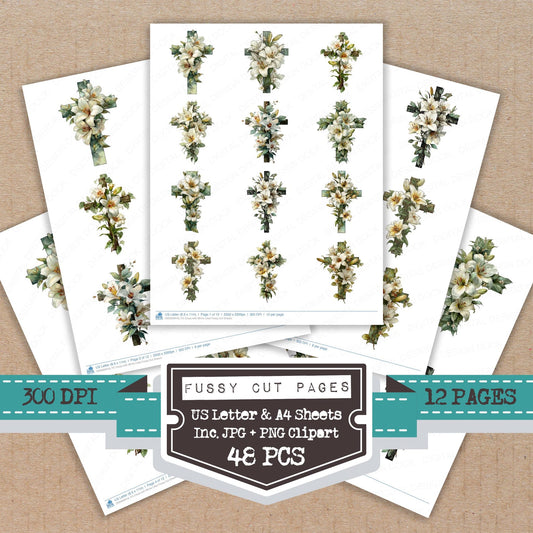 Cross with White Lilies fussy cut printable sheets for junk journaling, scrapbooking, and paper craft projects