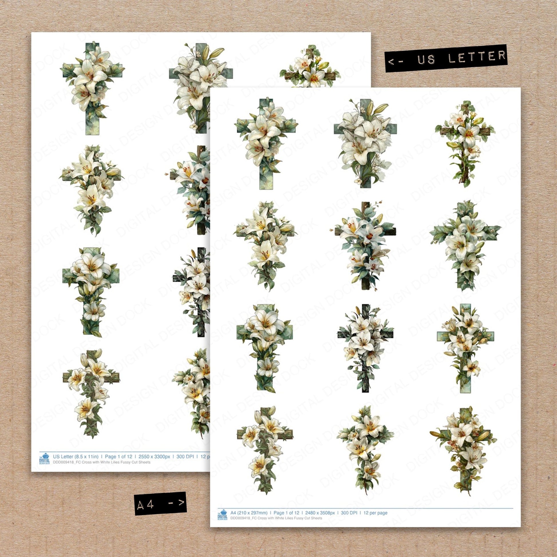 A4 and US Letter format comparison showing Cross with White Lilies fussy cut pages for print and cut crafting