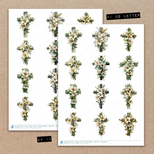 A4 and US Letter format comparison showing Cross with White Lilies fussy cut pages for print and cut crafting