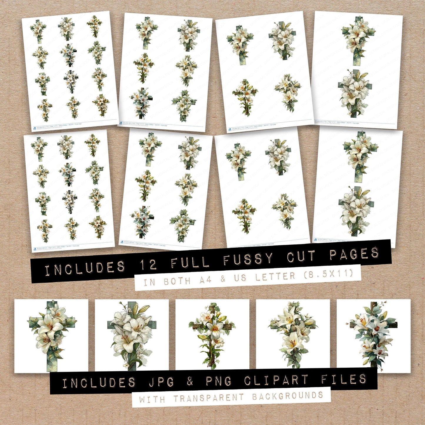 Full collection view of Cross with White Lilies fussy cut sheets with bonus clipart JPG and PNG files