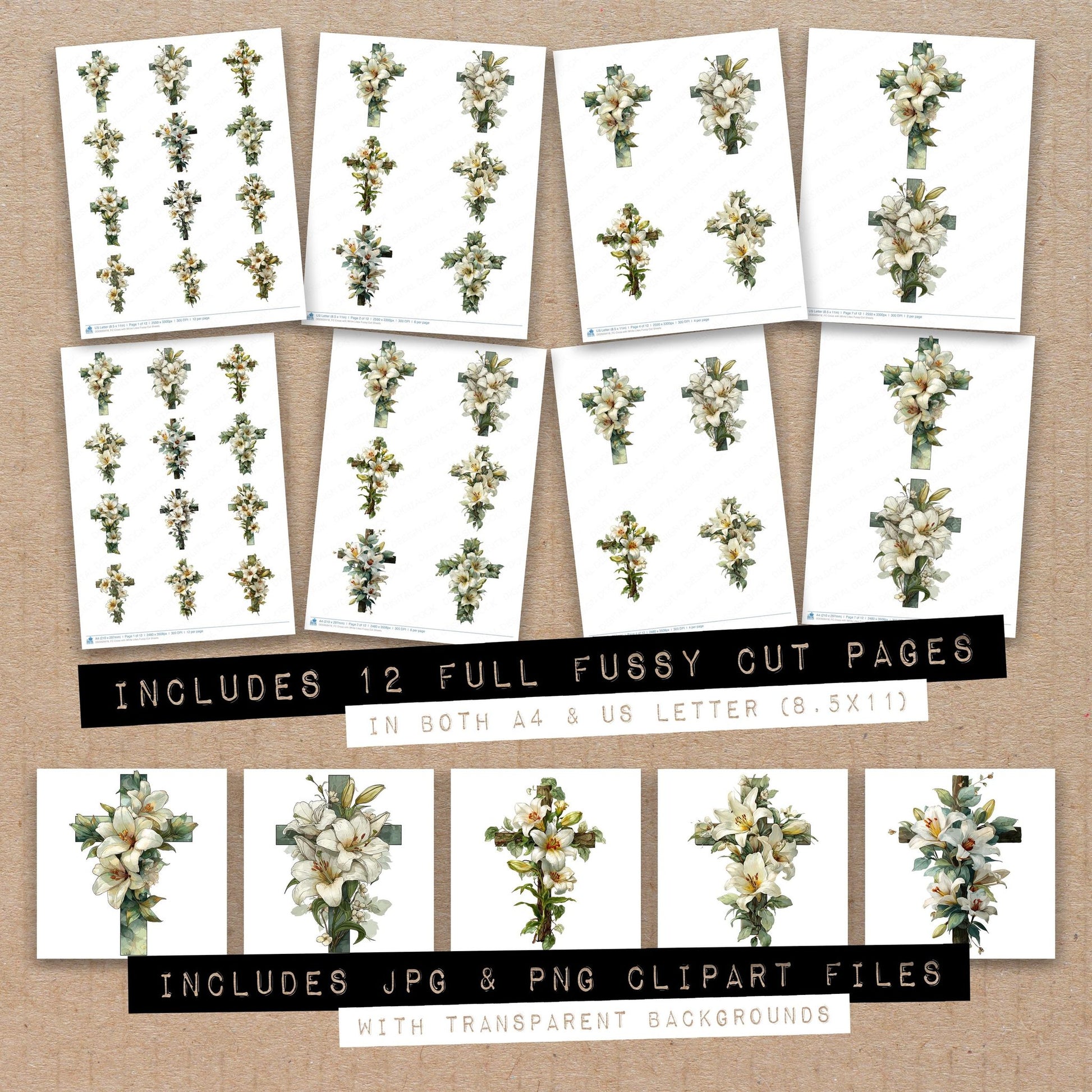 Full collection view of Cross with White Lilies fussy cut sheets with bonus clipart JPG and PNG files