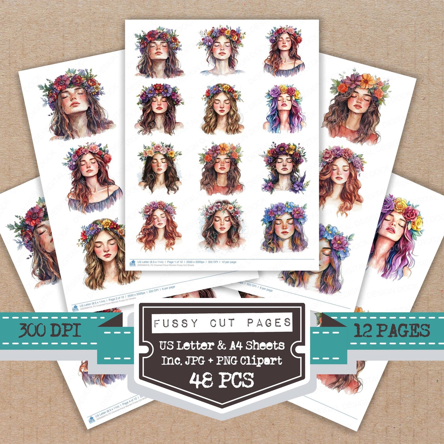 Crowned Floral Woman fussy cut printable sheets for junk journaling, scrapbooking, and paper craft projects